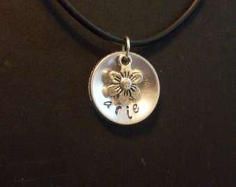 Custom Handmade Personliazed Name Hand Stamped Aluminum Necklace with Flower Charm  Available flat or concave