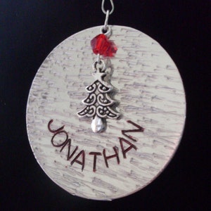 Custom Name (Single or Couples) Christmas Tree and 1-2 Crystal Birthstone Charm Personalized Silver Aluminum Handmade 2&quot; Christmas Ornament