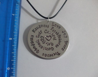 Fruits of the Spirit (Galatians 5:22) Bible Necklace Silver Aluminum Hand Stamped Love, Joy, Peace, Patience, Kindness, Goodness, Faith...
