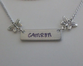 Butterfly Personalized Custom Name Handmade Hand Stamped Aluminum Necklace with Alloy Charms
