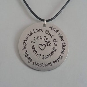 1 Corinthians 13:13 faith, hope, and love but the greatest of these is love Hand Stamped 1.5&quot; Silver Aluminum Necklace Faith Christian Bible
