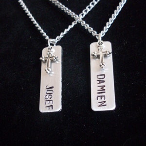 Personalized Custom Name Handmade Hand Stamped Aluminum 1.25" Tag Necklace with Alloy Cross Charm fits up to 10 letters with this font