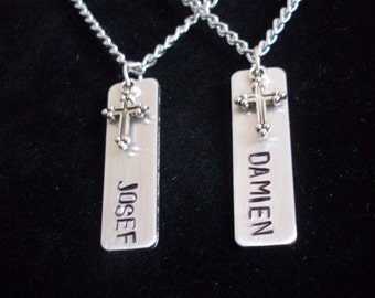 Personalized Custom Name Handmade Hand Stamped Aluminum 1.25" Tag Necklace with Alloy Cross Charm fits up to 10 letters with this font