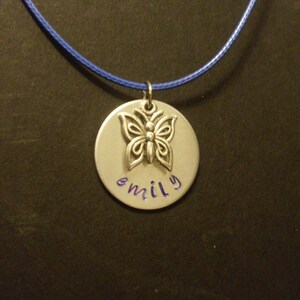 Handmade Personalized Name Hand Stamped Aluminum Circle Necklace with Butterfly Charm