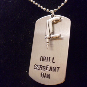 Drill Sergeant or Remain Calm This is Only a Drill  Hand Stamped Aluminum Dog Tag Necklace with Power Drill Charm  Tool Themed