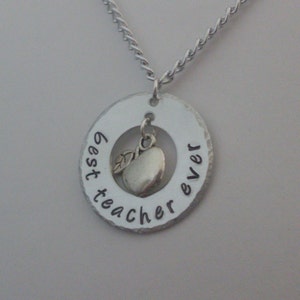 Handmade Custom Hand Stamped "Best Teacher Ever" Washer Necklace with Apple Charm