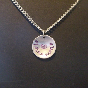 Handmade Personalized Name Hand Stamped Necklace Aluminum Circle with your choice; butterfly, crown, flower, cloud, sun, moon, heart, sports