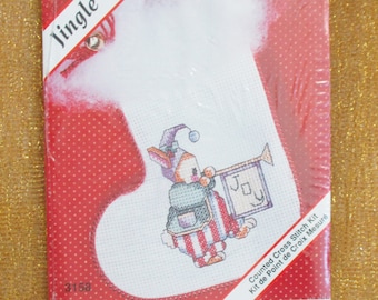 Christmas Stocking Craft Kit Cute Bunny Jingle Toes Kit Counted Cross Stitch New Berlin Company Vintage Unopened Kit 3158 Needlecraft