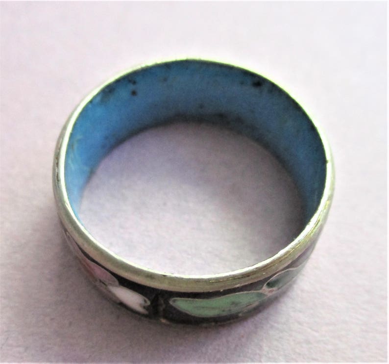 Wide Band Cloisonne Ring Black Pink Green /& Silver Cloisonne Ring Size 6 34 Vintage Silver Enamel Cloisonne Jewelry Gift for Women Girls