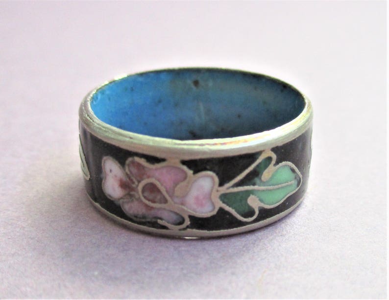 Wide Band Cloisonne Ring Black Pink Green /& Silver Cloisonne Ring Size 6 34 Vintage Silver Enamel Cloisonne Jewelry Gift for Women Girls
