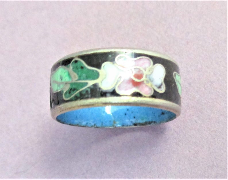 Wide Band Cloisonne Ring Black Pink Green /& Silver Cloisonne Ring Size 6 34 Vintage Silver Enamel Cloisonne Jewelry Gift for Women Girls