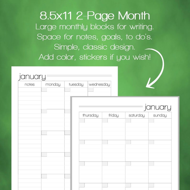 printable monthly undated calendar 85x11 letter size pdf etsy