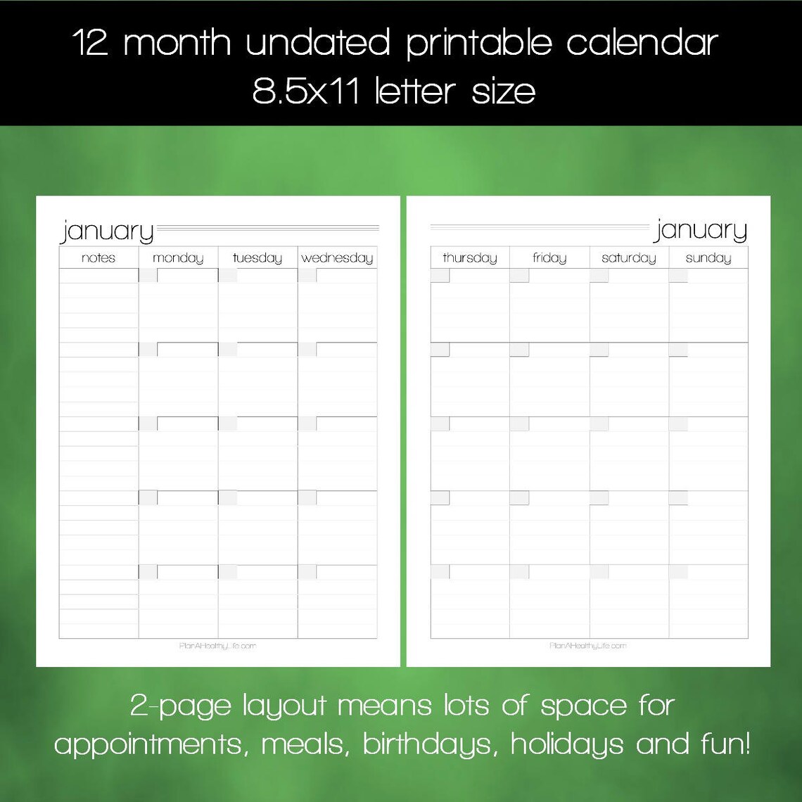 Printable Monthly Undated Calendar 8.5x11 Letter Size PDF | Etsy