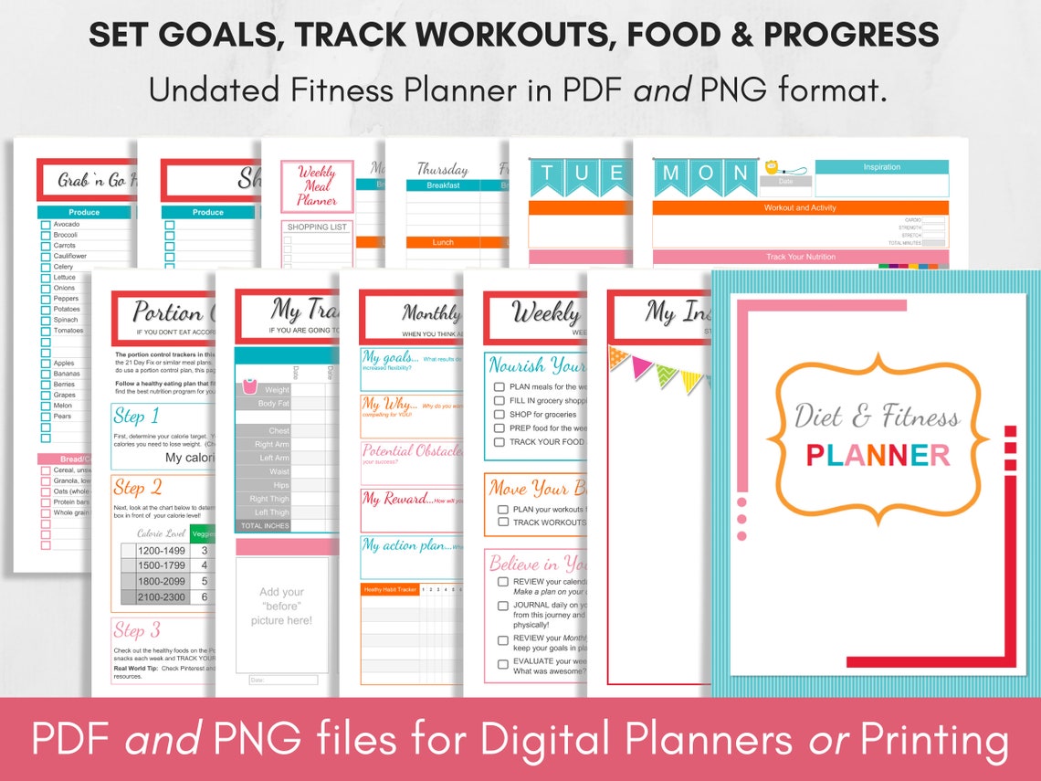 Diet Workout Fitness Meal Planner Printable PDF PNG Digital - Etsy Canada