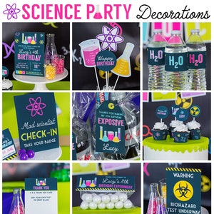 Pu&ograve; includere: Un collage di decorazioni per feste a tema scientifico. Include inviti, decorazioni per cupcake, etichette per bottiglie d'acqua e cartelli con beute, atomi e la scritta "Science Party". I colori includono rosa, blu, giallo e verde.