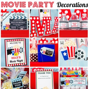 Movie Birthday Party Decorations in Blue, Red Movie Birthday Party,  Printable Movie Birthday Party Bundle, Instant Download Movie Party Set