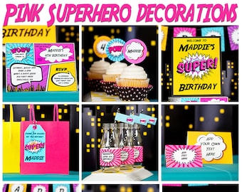 Pink Superhero Party Decorations INSTANT DOWNLOAD Printable Girls Comic Book Party Decorations by Printable Studio