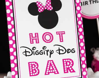 Hot Diggity Dog Bar Sign - Hot Pink Minnie Mouse Party Sign - Bright Pink Minnie Mouse Hot Dog Sign by Printable Studio
