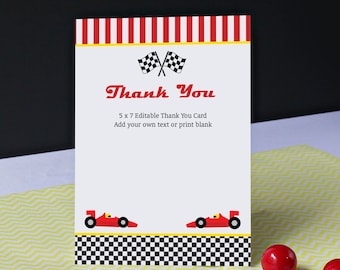 Carte de remerciement d'anniversaire course, carte de remerciement imprimable voiture de course, remerciement d'anniversaire course modifiable