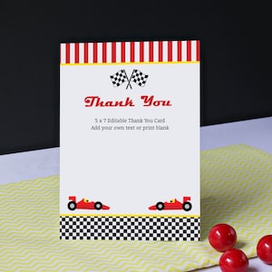 Racing Birthday Thank You Card, Printable Race Car Thank You Card, Editable Racing Birthday Thank You
