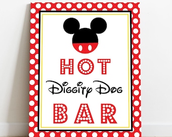 Hot Diggity Dog Bar Sign - Red Mickey Mouse Party Sign - Mickey Mouse Hot Dog Sign - Hot Diggity Dog Bar Mickey Sign by Printable Studio