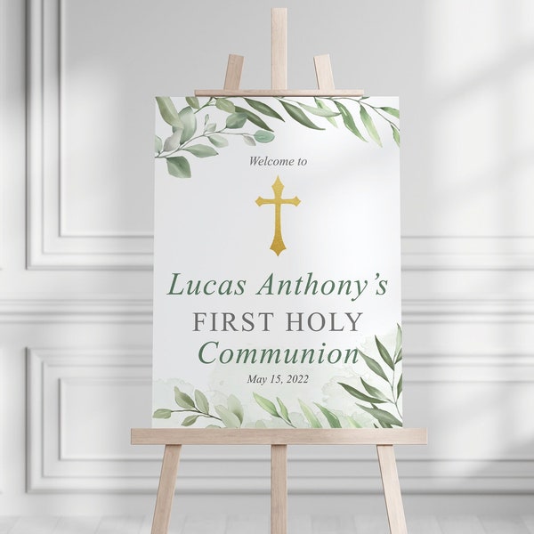 First Communion Welcome Sign for Boys, Communion Large Sign Boys Eucalyptus First Communion Party Sign Boys Communion Party Sign Green Leafs