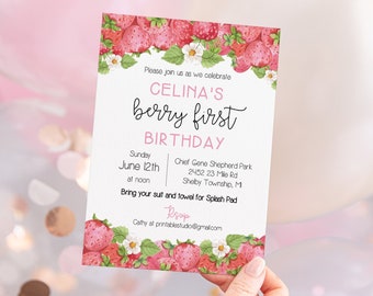 Digital Berry First Birthday invitation Strawberry Invitation First Birthday Invitation Strawberry Birthday Invitation Strawberry Patch