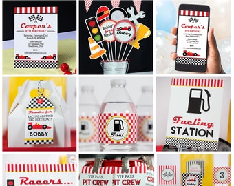 Peut inclure: Décorations de fête imprimables sur le thème des voitures de course pour un anniversaire. L'ensemble comprend des invitations, des décorations de cupcakes, des étiquettes pour bouteilles d'eau, des boîtes à cadeaux et une pancarte qui dit "Station de ravitaillement".