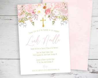 Baptism Invitation Girl - Pink Gold Baptism Invitation Printable - Beautiful Pink Floral Baptism Invitation Template - Baptism Invitation