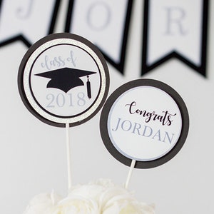 Graduation Party Centerpiece in Black Silver - Instant Download Graduation Centerpieces - Printable Graduation Table Decor in Silver