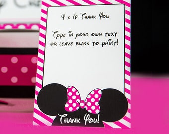 Hot Pink Minnie Mouse Thank You Card INSTANT DOWNLOAD  - Printable Hot Pink Minnie Thank You Card by Printable Studio