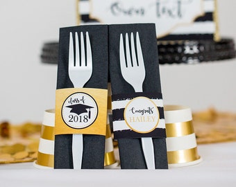 Graduation Silverware Wrapper in Gold Black - Graduation Napkin Ring in Gold - Napkin Wrapper Graduation Party by Printable Studio