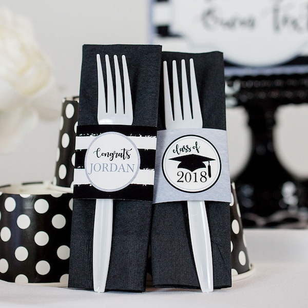 Graduation Napkin Wrapper - Graduation Napkin Ring in Black and Silver- Printable Graduation Silverware Wrapper by Printable Studio