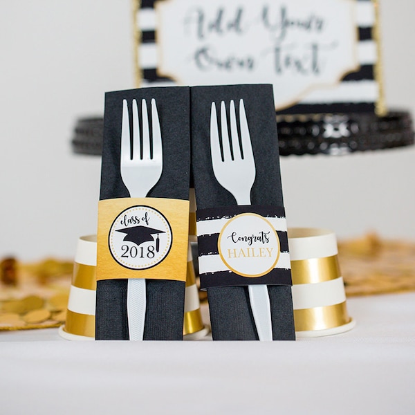 Graduation Silverware Wrapper in Gold Black - Graduation Napkin Ring in Gold - Napkin Wrapper Graduation Party by Printable Studio