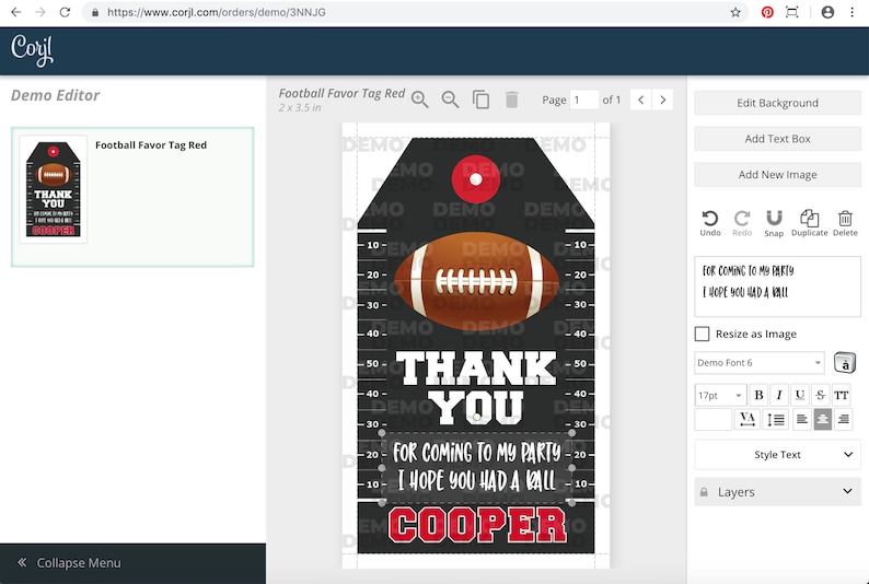 May include: A black and red football favour tag with a football graphic and the text "Thank You for coming to my party I hope you had a ball Cooper".