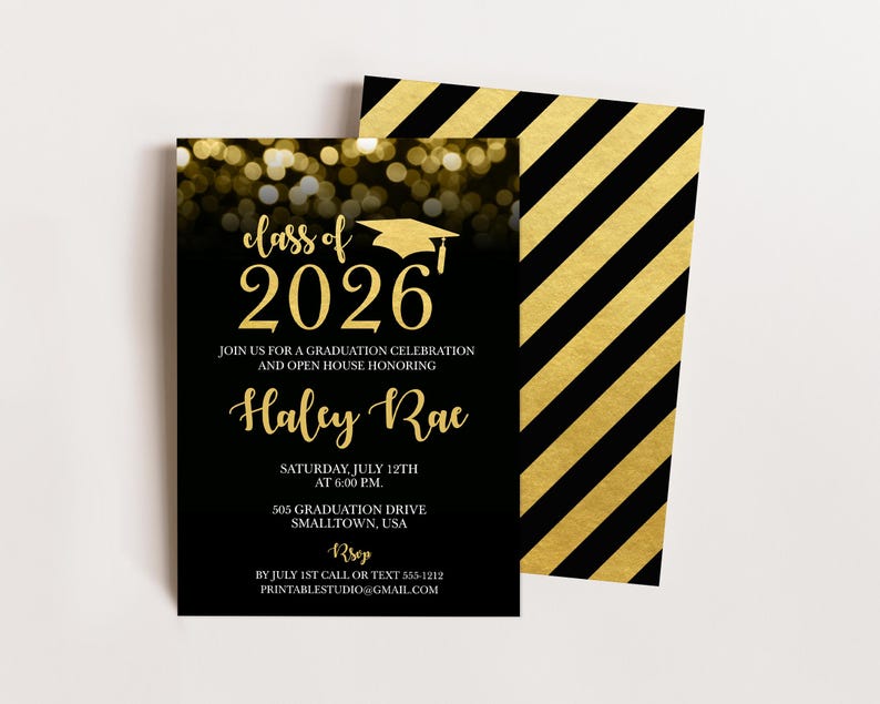 Editable Black & Gold Graduation Invitation – Class of 2026 Graduation ...