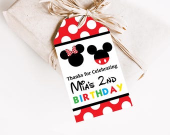 Etiquettes pour cadeaux Mickey et Minnie Mouse, étiquettes imprimables pour cadeaux Minnie et Mickey Mouse en rouge, étiquettes de remerciement Mickey Minnie, texte arc-en-ciel