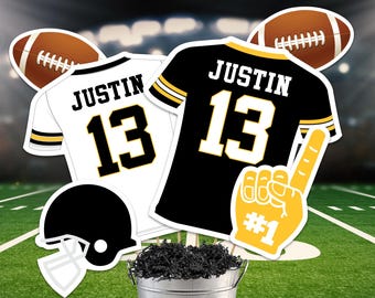 Centros de mesa de fútbol en negro y amarillo, centros de mesa imprimibles para fiestas de cumpleaños de fútbol, decoraciones de fútbol en negro y dorado, decoraciones para portones traseros.