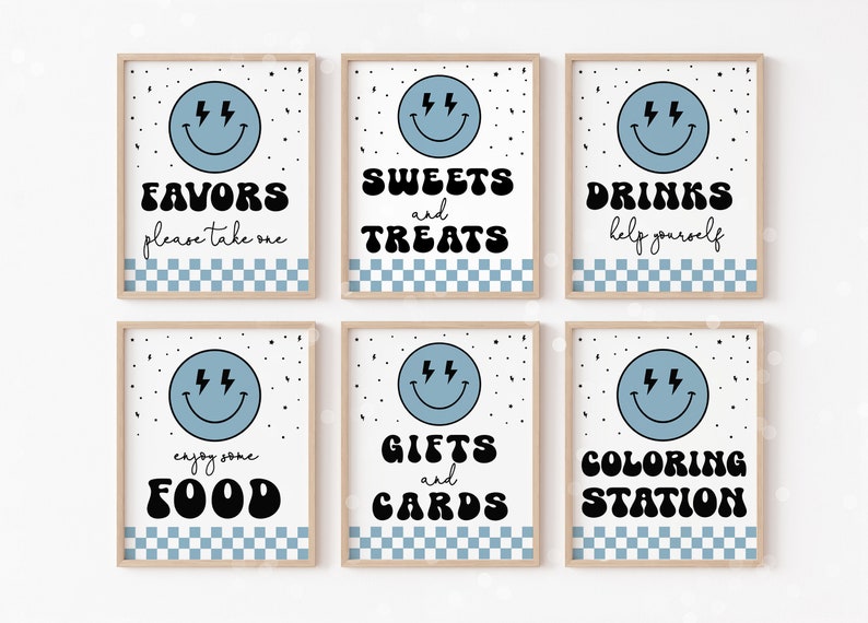 May include: Six printable signs with a blue smiley face with lightning bolts for eyes. The signs have a checkered background and text in a retro font. The signs read: "Favors please take one", "Sweets and Treats", "Drinks help yourself", "Enjoy some Food", "Gifts and Cards", and "Coloring Station".