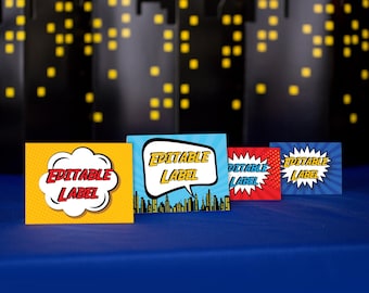 Etiquetas para comida de fiesta de superhéroes, letreros para buffet de superhéroes, descarga instantánea de etiquetas para comida estilo cómic, tarjeta plegable de superhéroes de Printable Studio