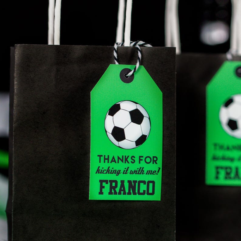 May include: Green and black favor tag with a soccer ball graphic and the text "Thanks for kicking it with me! Franco".