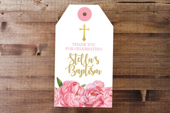 Baptism Favor Tags - Pink Floral Baptism Favor Tag - Pink and Gold Floral Favor Tags by Printable Studio Il_570xn