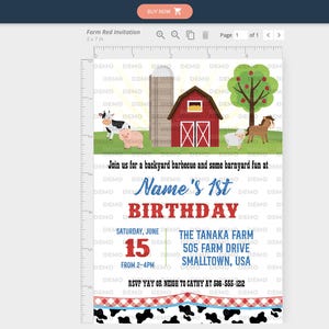 May include: A red and white farm-themed birthday invitation with a red barn, a cow, a pig, a horse, and an apple tree. The text reads "Join us for a backyard barbecue and some barnyard fun at Name's 1st Birthday. Saturday, June 15 from 2-4pm. The Tanaka Farm, 505 Farm Drive, Smalltown, USA."
