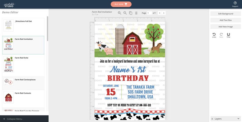 May include: A red and white farm-themed birthday invitation with a red barn, a cow, a pig, a horse, and an apple tree. The text reads "Join us for a backyard barbecue and some barnyard fun at Name's 1st Birthday. Saturday, June 15 from 2-4pm. The Tanaka Farm, 505 Farm Drive, Smalltown, USA."
