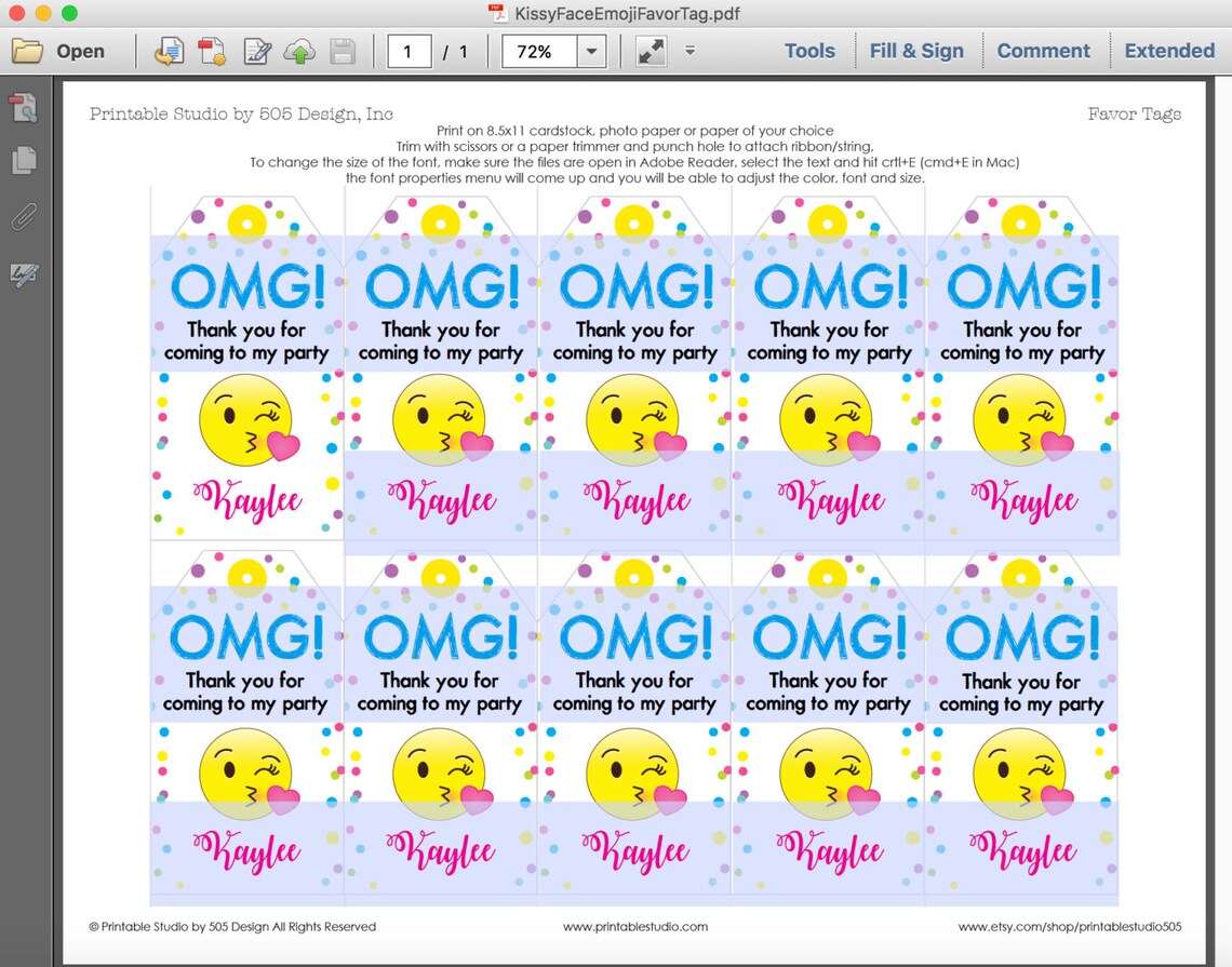 Emoji Favor Tags With Kissy Face Emoji Printable Emoji Party - Etsy