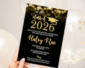 Bewerkbare zwarte en gouden afstudeeruitnodiging – afstudeeruitnodiging klas 2026 (digitale download)