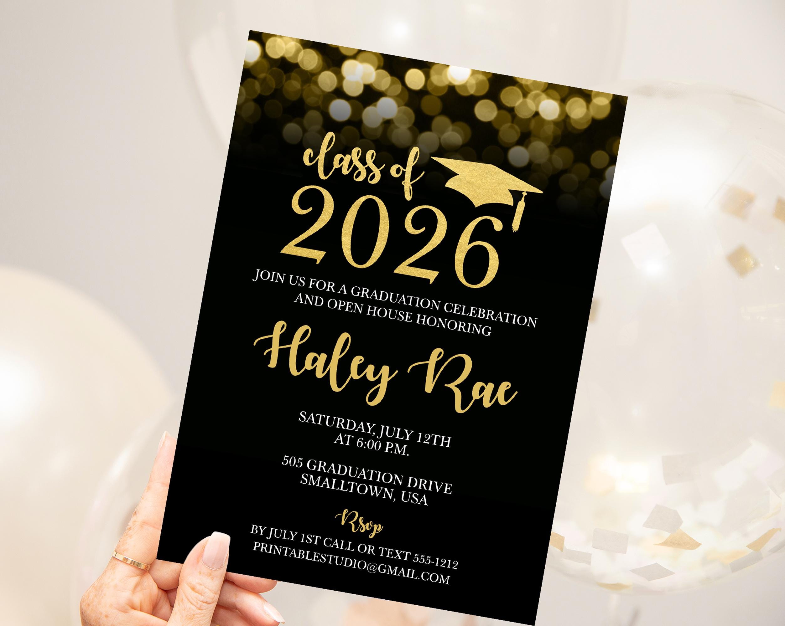 Editable Black & Gold Graduation Invitation – Class of 2026 Graduation ...