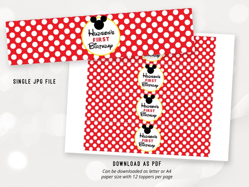May include: Printable red and white polka dot Mickey Mouse themed party favor labels with the text "Hudson's First Birthday" in black and yellow.  The labels are designed to be used as bottle toppers.
