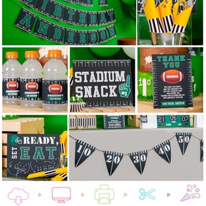 Puede incluir: Decoraciones de fiesta de f&uacute;tbol imprimibles en negro, verde y amarillo. Las decoraciones incluyen una pancarta, etiquetas para botellas de agua, un cartel que dice "Stadium Snack", una tarjeta de agradecimiento, un cartel que dice "Ready, Set Eat" y una pancarta con los n&uacute;meros 10, 20, 30, 40 y 50.