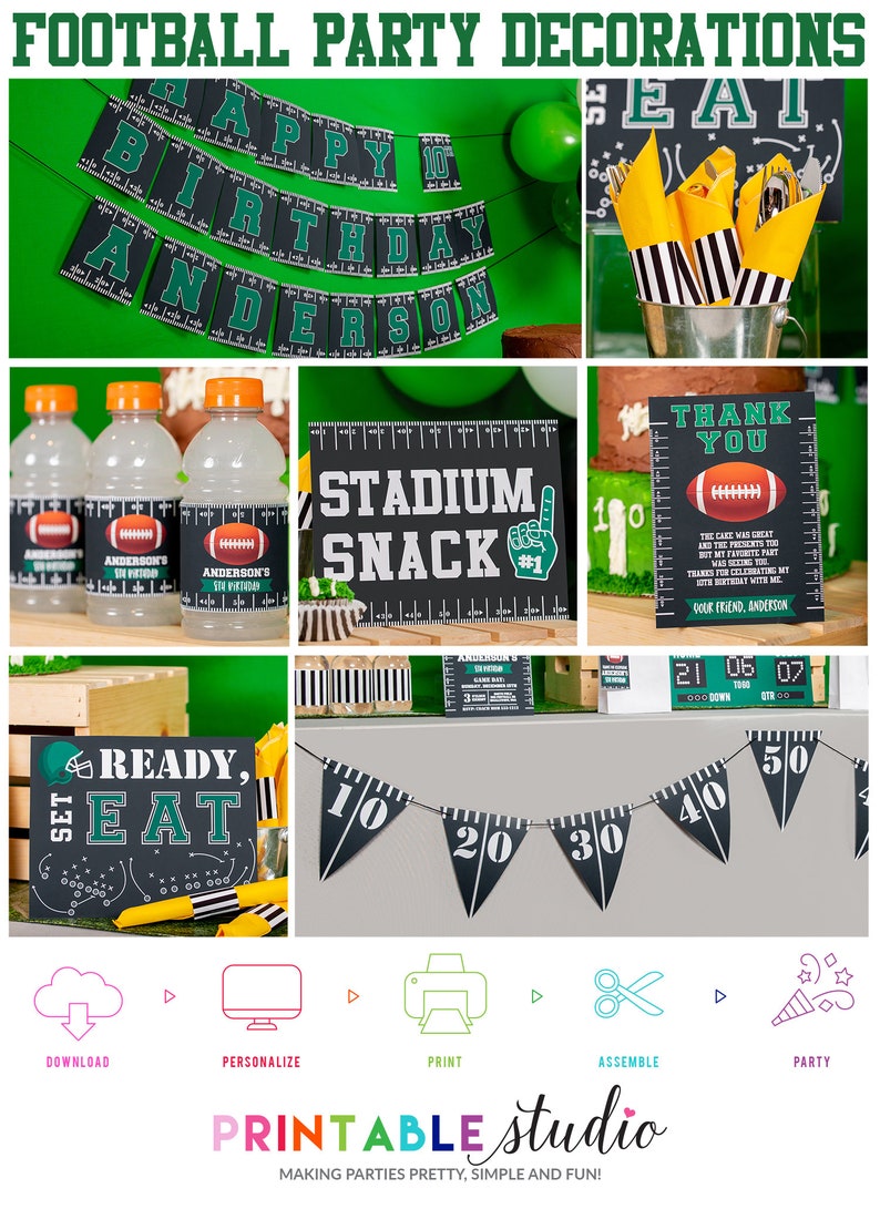 Puede incluir: Decoraciones de fiesta de f&uacute;tbol imprimibles en negro, verde y amarillo. Las decoraciones incluyen una pancarta, etiquetas para botellas de agua, un cartel que dice "Stadium Snack", una tarjeta de agradecimiento, un cartel que dice "Ready, Set Eat" y una pancarta con los n&uacute;meros 10, 20, 30, 40 y 50.